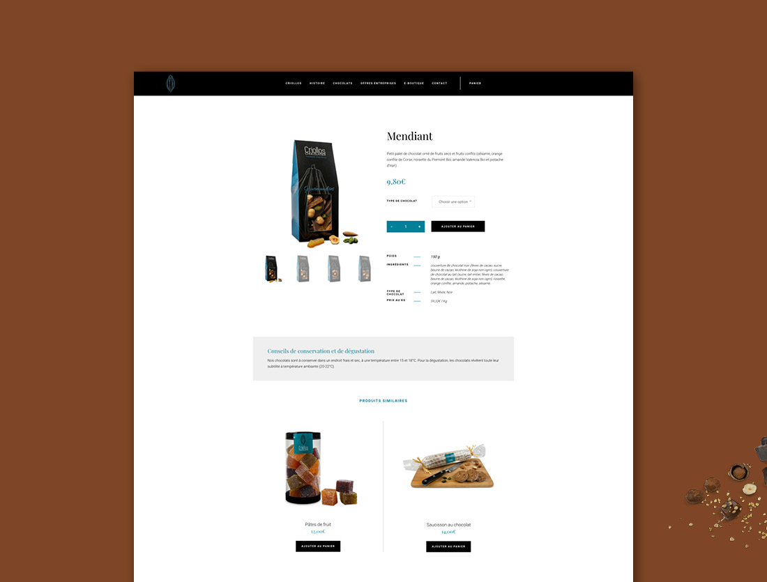 Criollos e-boutique, extrait d'une page produit