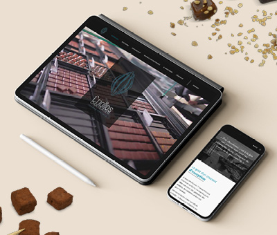 Site internet Criollos chocolatier, page d'accueil en aperçu tablette et téléphone