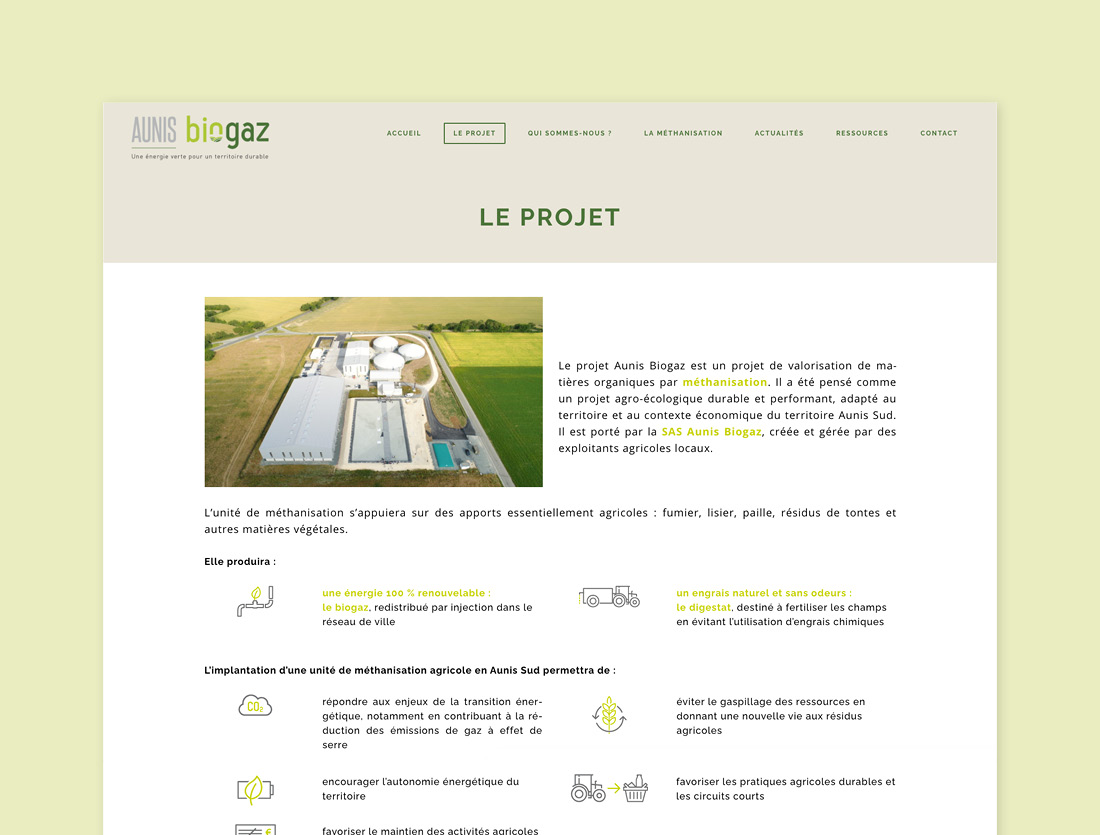 Site internet unité de méthanisation Aunis Biogaz